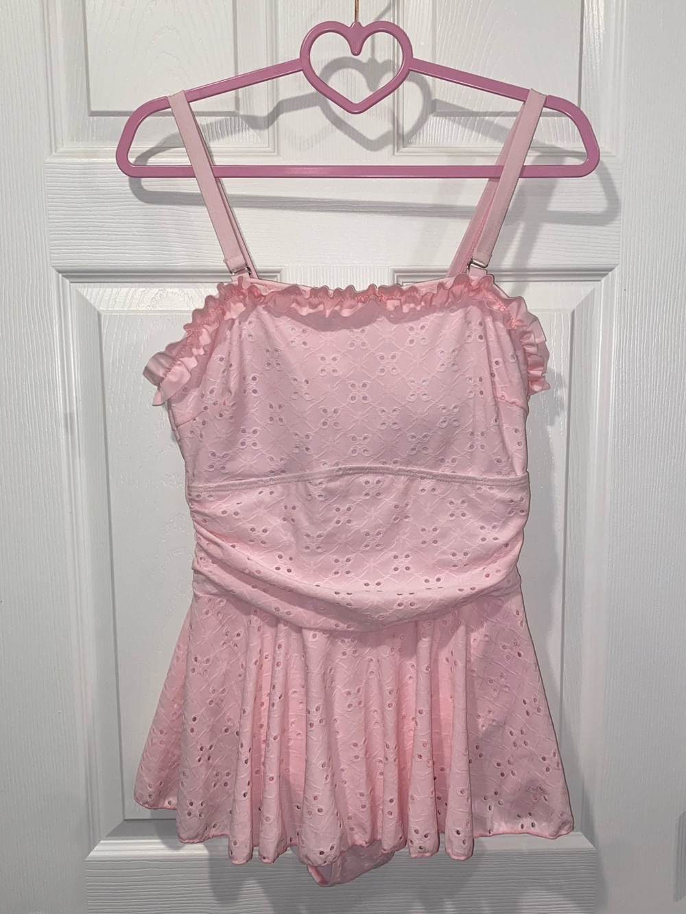 SHEIN Pink Ruffle Eyelet One-Piece Swimdress